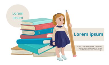 Öğrenci kız bir yığın kitabın yanında duruyor, elinde büyük bir kalem ve pankart tasarımı var. Vektör illüstrasyonu
