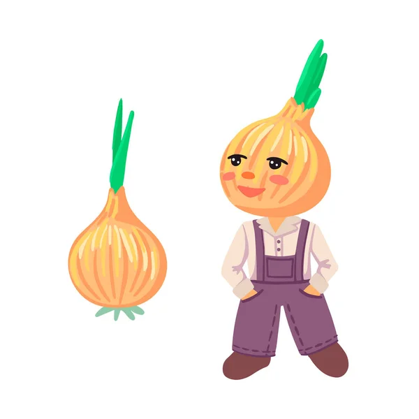 Chippolino. Onion head, a boy with a bow instead of a head. Bulb with green onions. Vector illustration — Stock Vector