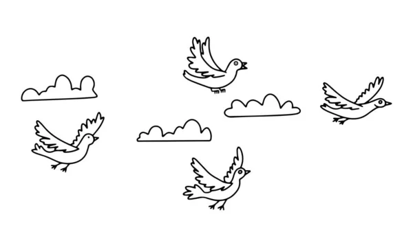 Las palomas vuelan a través del cielo, las nubes alrededor. Dibujos animados ilustración plana — Archivo Imágenes Vectoriales