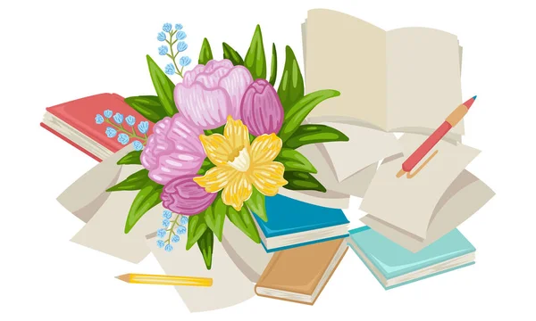 Pages de cahiers, livres et manuels, décorées d'un bouquet de fleurs. Illustration vectorielle — Image vectorielle