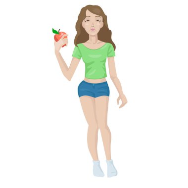 Vektör kız elinde bir elma tutuyor.