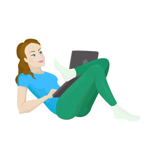 Chica freelance trabaja en el cuaderno. Ilustración vectorial — Archivo Imágenes Vectoriales