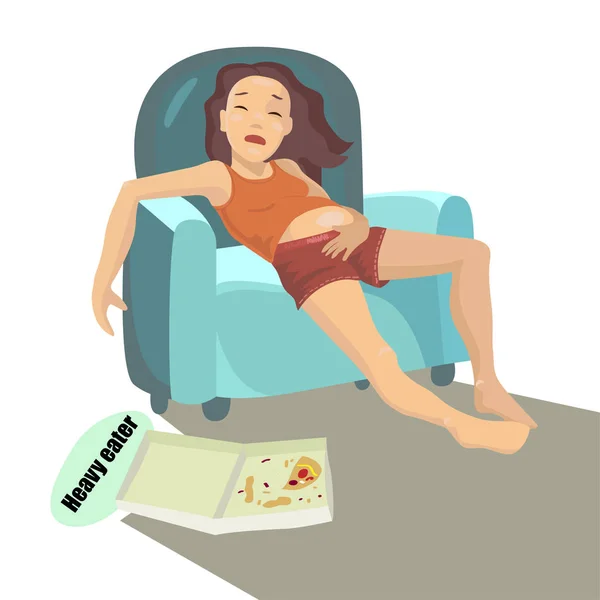 Glutton girl in a chair. Fat woman eat pizza. Vector illustration — Stock Vector