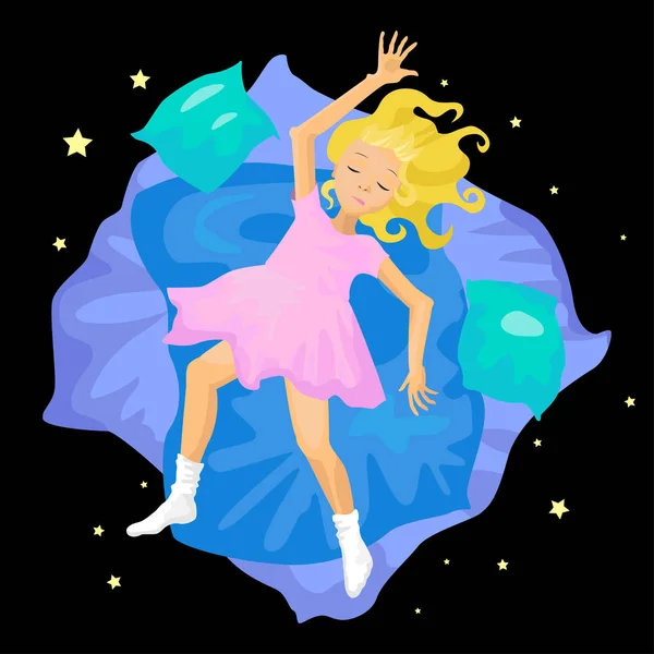 Blondes Mädchen auf der blauen Decke liegend. Vektorillustration — Stockvektor