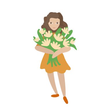 Girl smiles and holds a bouquet in her hands. Vector character.