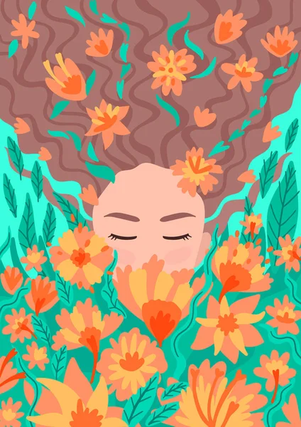 Porträt eines Mädchens mit Blumen, Pflanzen und Blumen im Haar. Vektorillustration. — Stockvektor