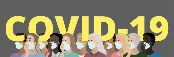 Geniş yazıtlar covid-19, farklı milletlerden maskeli insanlar. Dünyada koronavirüs salgını. Vektör illüstrasyonu