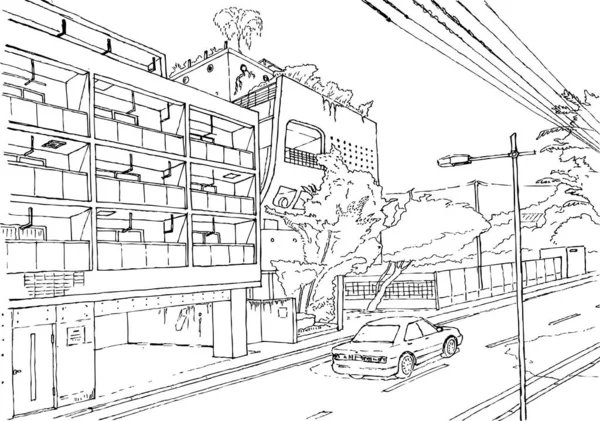 Tokyo cityscape vector illustration Tokyo street, graphic vector illustration, japan manga style background line drawing art. — Archivo Imágenes Vectoriales