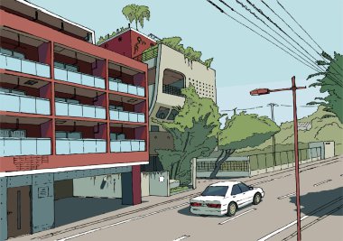 Tokio şehir manzarası illüstrasyon Tokyo caddesi, grafik vektör illüstrasyonu, japan manga stili arkaplan çizim sanatı, vektör