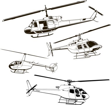 Helikopterler, dört model seti, vektör illüstrasyonu, simge, sembol, monogram, izole edilmiş, siluet