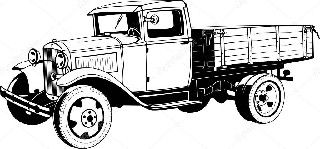 vintage truck with body, 1920s, monogram, black, vector drawing, graphic, isolated, monogram, symbol, logo