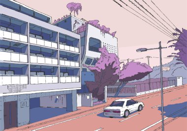 Tokio şehir manzarası illüstrasyon Tokyo caddesi, vektör illüstrasyonu, japan manga tarzı arka plan, pembe renk, çizim sanatı, vektör