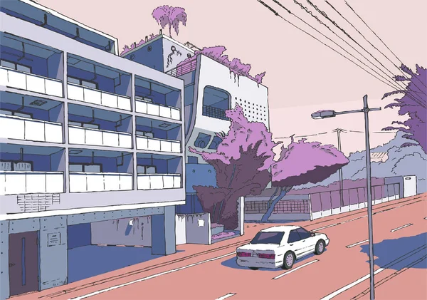 Tokio cityscape vector illustration Rua de Tóquio, ilustração vetorial, japão estilo mangá fundo, cor-de-rosa, desenho arte, vetor —  Vetores de Stock