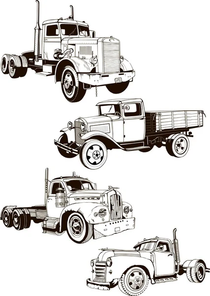 Retro truck set, monograma, negro, bosquejo, vector, etiqueta — Archivo Imágenes Vectoriales