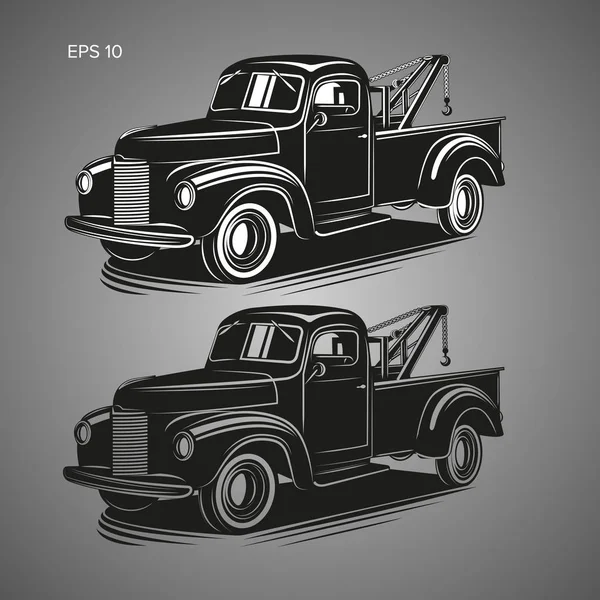 Oude vintage tow vrachtwagen vectorillustratie. Retro servicevoertuig. Zwart wit en zwart transparant set — Stockvector