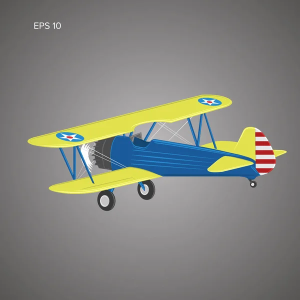 Ilustración vectorial plano retro biplano. Avión de motor de pistón Vintage — Vector de stock