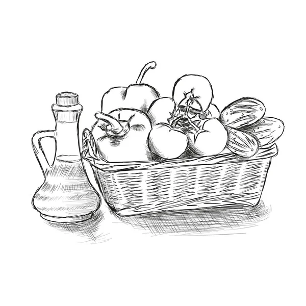 Cesta de alimentos com vegetais ilustração vetorial desenhada à mão . — Vetor de Stock