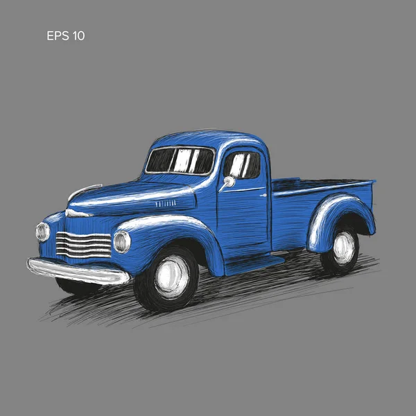 Oude retro boer pick-up truck vectorillustratie. Getekende handpictogram. — Stockvector