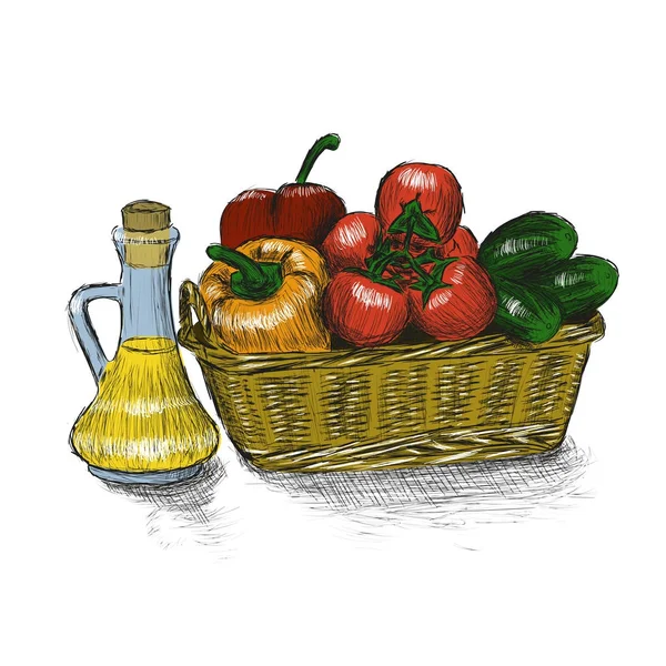 Корзина с овощами и векторными иллюстрациями . — стоковый вектор