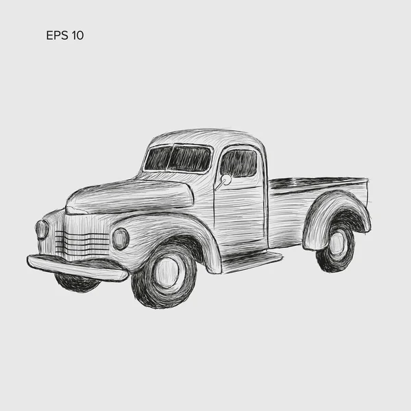 Oude retro boer pick-up truck vectorillustratie. Getekende handpictogram. — Stockvector