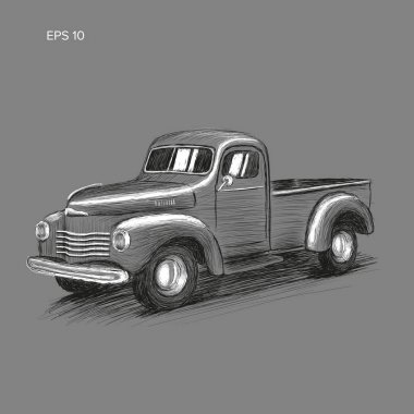 Eski retro çiftçi kamyonet vektör çizim. El Çekilmiş simgesi.