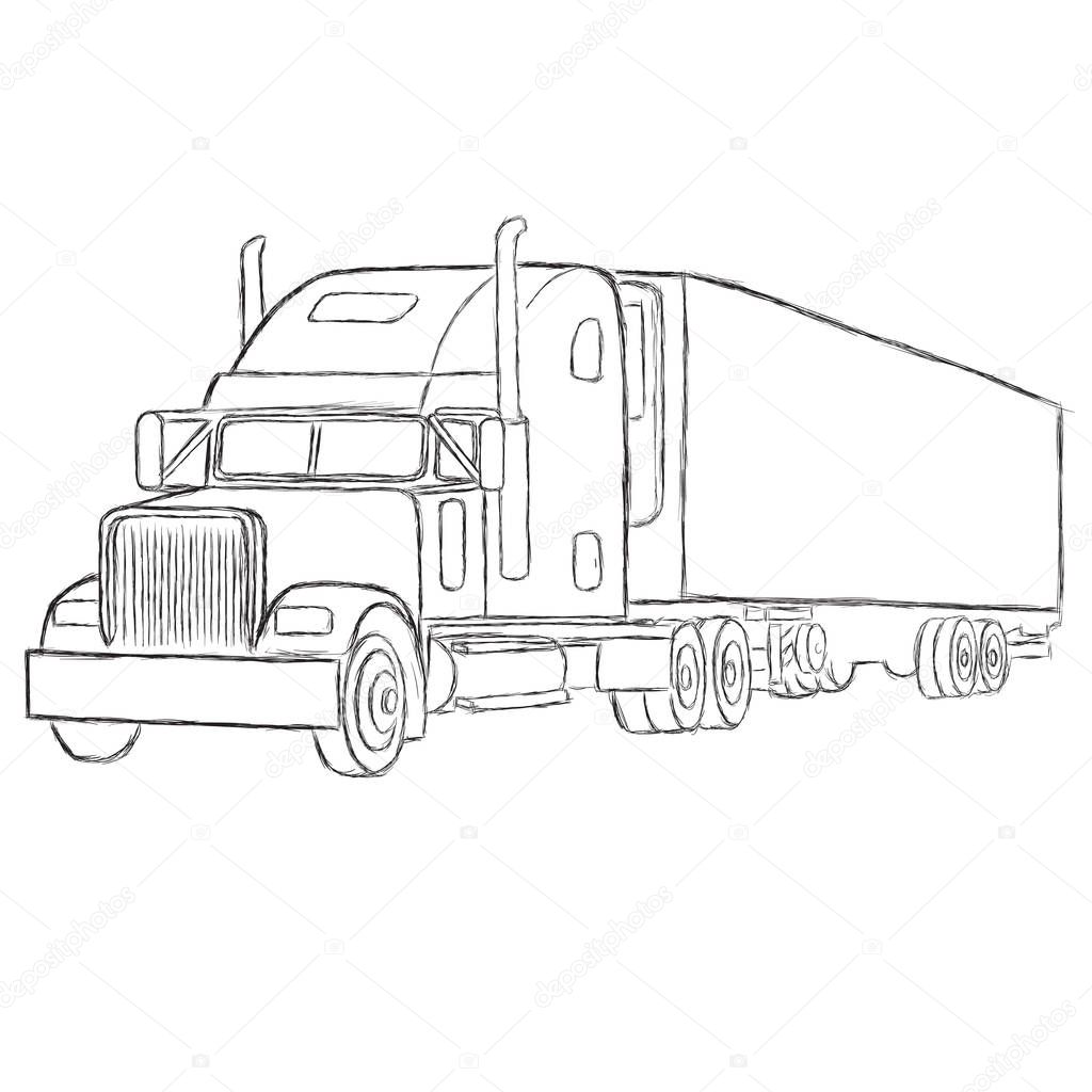 Classic american truck hand drawn vector illustration. Retro freighter truck. Cargo delivery machine.