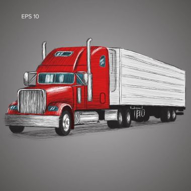 Klasik Amerikan kamyon elle çizilmiş vektör çizim. Retro kargo kamyon.