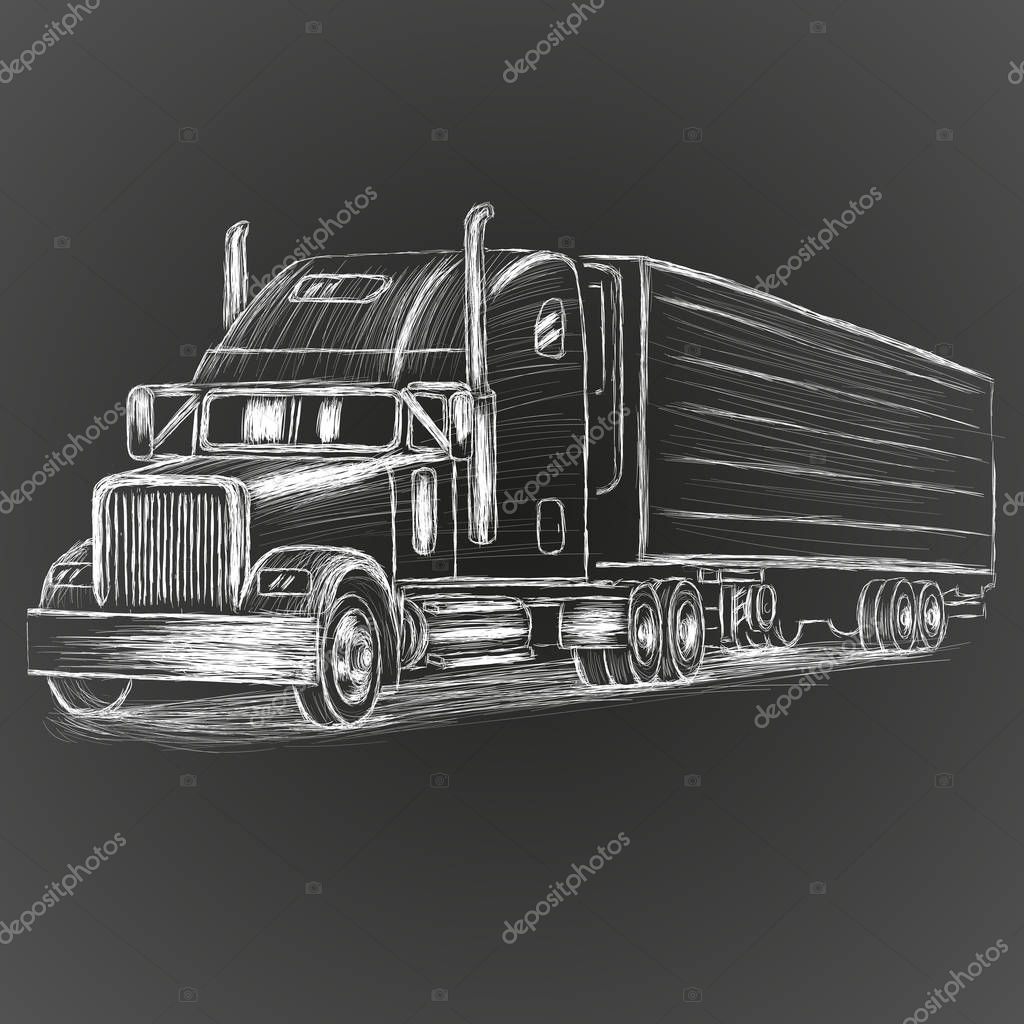 Classic american truck hand drawn vector illustration. Retro freighter truck. Cargo delivery machine. Chalk sketch style