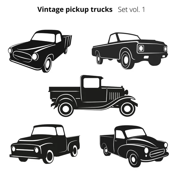 Old retro pickup trucks vector illustration set. Vintage transport vehicle — Stock Vector