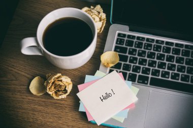 Bir fincan çay ve bir bilgisayar, bir kelime kağıt üzerinde