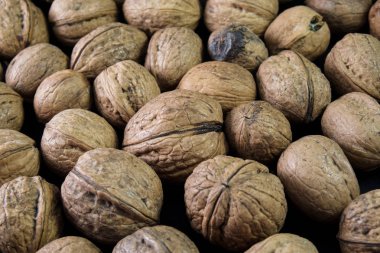 siyah bir arka plan üzerinde birçok ceviz yalan