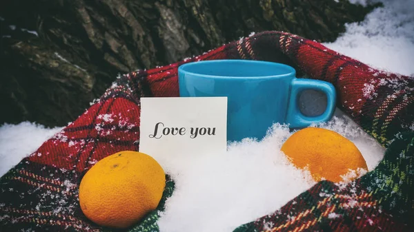 Kopp te, röd halsduk och mandariner, ord på papper — Stockfoto