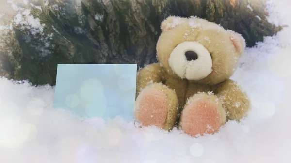 A teddy bear on white snow, words on paper — Stock Photo, Image
