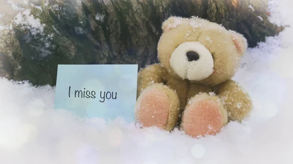 A teddy bear on white snow, words on paper — Stock Photo, Image