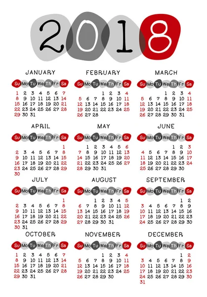 Kalender 2018 sjabloon week begint zondag, gestileerde pebble — Stockvector