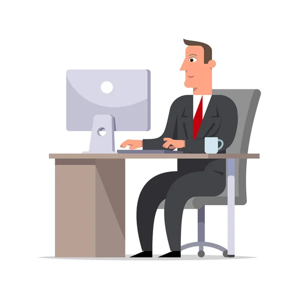 Businessman or clerk in a black suit sitting at the desk and wor — Stock Vector