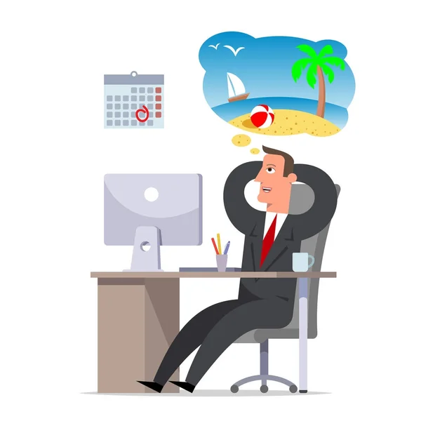 Businessman or clerk dreaming of vacation sitting at the desk. — Stock Vector