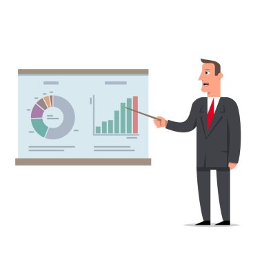 İşadamı infographics office f kullanarak bir rapor sunar