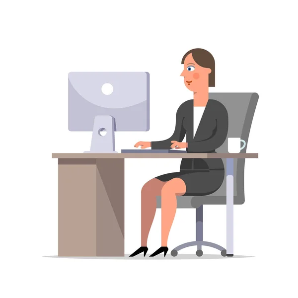 Businesswoman or clerk in a black suit sitting at the desk and w — Stock Vector