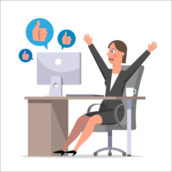 A mulher caixeiro durante o horário de trabalho comunica-se na rede social —  Vetores de Stock