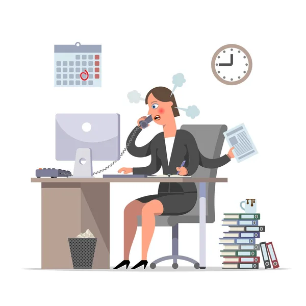Multihanded businesswoman or the clerk is doing urgent work, the — Stock Vector