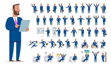 İşadamı veya Yöneticisi karakter oluşturma büyük ayarlayın. Farklı görünümler, jestleri, duygular. Adam ayakta, çalıştıran, oturuyor. Ofis donatım ve mobilya. Düz-stil vektör çizim karikatür.