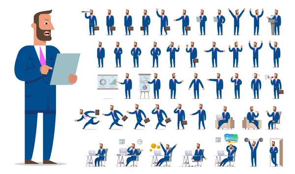 Empresário Gerente Criação Caráter Grande Conjunto Vistas Diferentes Gestos Emoções —  Vetores de Stock