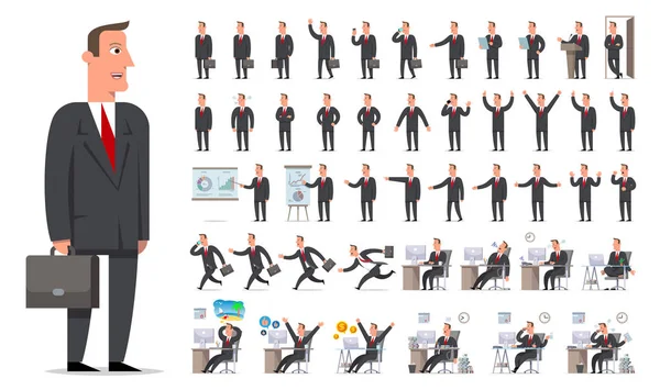 Businessman Manager Character Creation Big Set Different Views Gestures Emotions — Stock Vector