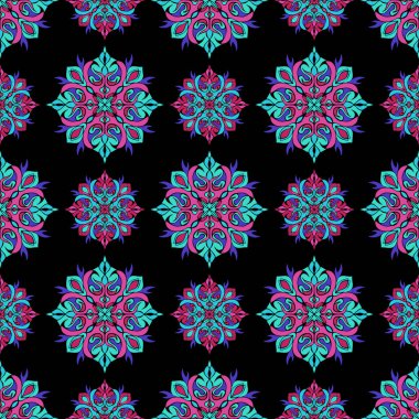 Çiçek ile zarif Dikişsiz desen ve Mandala öğeleri. Güzel çizilmiş vektör çizim