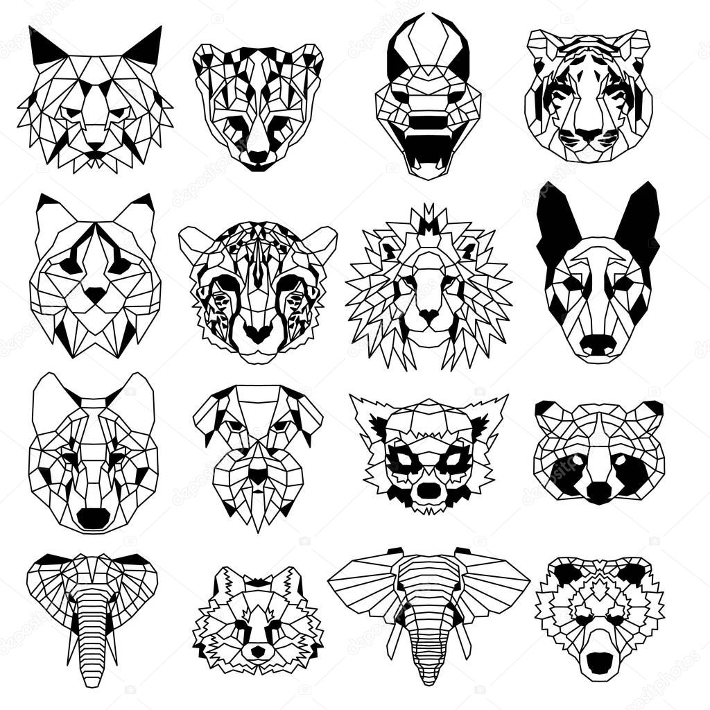 Set of sixteen low polygonal portraits of animals. Nice vector graphic illustration EPS 8