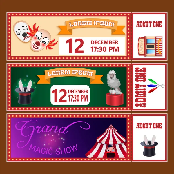 Circus show tickets vector templates with sample text on brown b