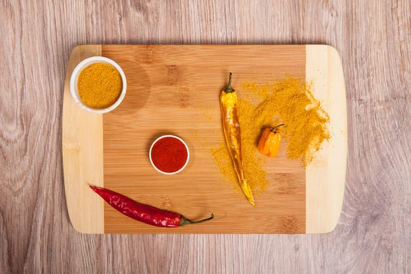 Hot Dried Chili Peppers Sharp Spices Wooden Cutting Board Spicy — Stock Photo, Image