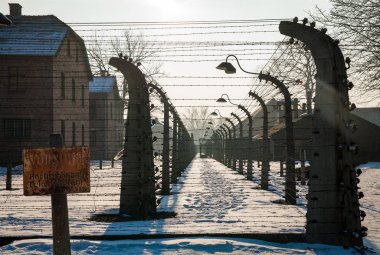 Auschwitz-Birkenau, Polonya/10 Şubat 2019; Müze Auschwitz - Birkenau. Uyarı işareti yüksek gerilim. Dikenli telle bir toplama kampı.
