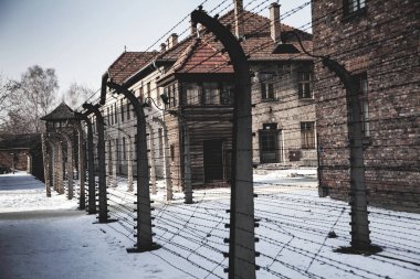 Auschwitz, Polonya - 28 Ocak 2018; Müze Auschwitz - Birkenau. Dikenli telle bir toplama kampı ve gözetleme kulesi.